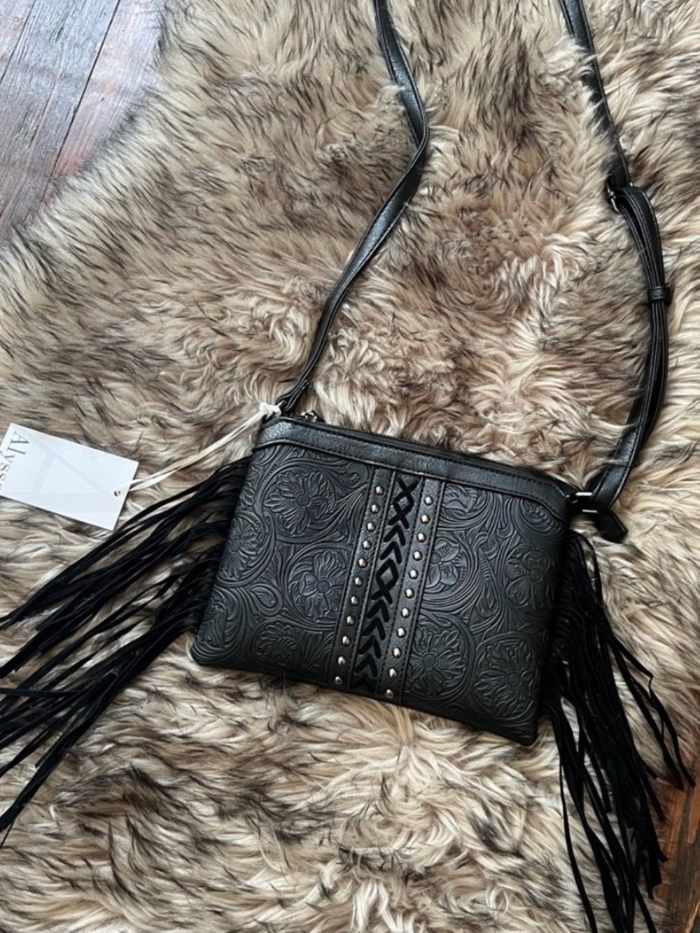 Black Embossed Fringe Crossbody Bag
Alyssa NWT